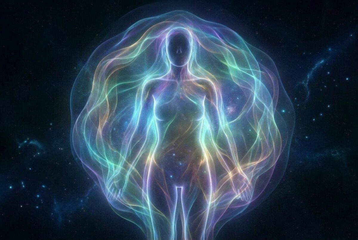 Figure with colorful energy aura biofield