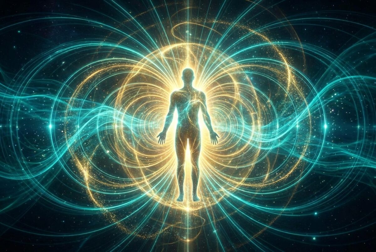 Human figure surrounded by teal and gold magnetic field